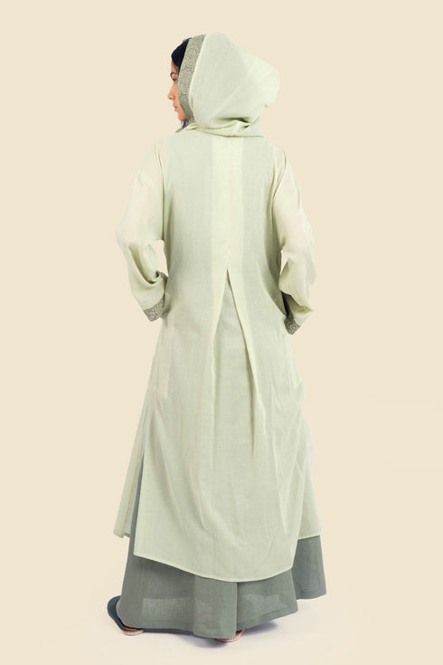 Embroidered long coat in cotton with hoodie